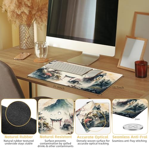 Japanese Mountain Desk Mat Large Mouse Pad Gaming Mousepad 31.5 x 15.8 in | Desk Pad for Keyboard and Mouse, Large Non-Slip Rubber Base Mousepad Desk Mat with Stitched Edges for Gaming Office - color: Japanese Lake and Mountains
