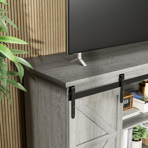 JUMMICO TV Stand for 65 Inch TV, Entertainment Center with Storage Cabinets and Sliding Barn Doors, Mid Century Modern Media TV Console Table for Living Room Bedroom (Pale Gray) - color: Pale Gray, size: Modern