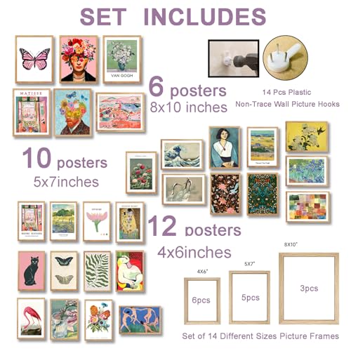 Vintage Eclectic Wall Art, Colorful Bohemian Gallery Wall Art, Retro Maximalist Decor Aesthetic, Funky Eclectic Gallery Wall Art Prints for Bedroom, Famous Artist Painting Pictures (with Beige Frame) - color: 3in1 Framed 1-2