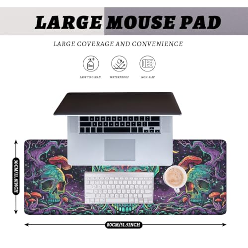 Psychedelic Skull Gaming Mouse Pad Neon Trippy Art Large Desk Mat Extended Large Laptop Keyboard Non-Slip Rubber Base with Stitched Edges for Home Office Computer Keyboard Laptop 31.5"x11.8" - color: Psychedelic Skull