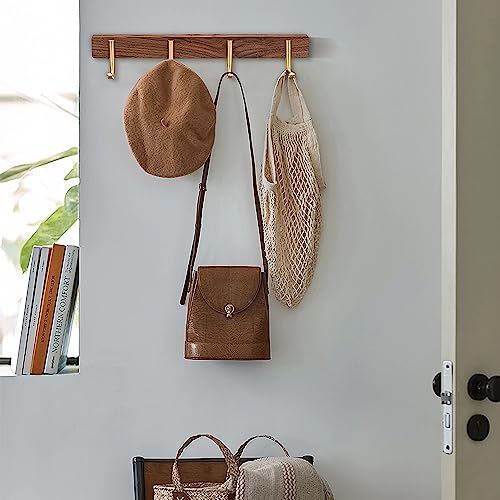 Wall Mounted Coat Rack, Entryway Hanging Coat Rack, Metal Wood Coat Rail with 4 Rustic Hooks Rail for Coat, Scarf, Bag, Towel, Key, Cap, Hat, Walnut Gold Matt - size: 4 Hooks - J Shape