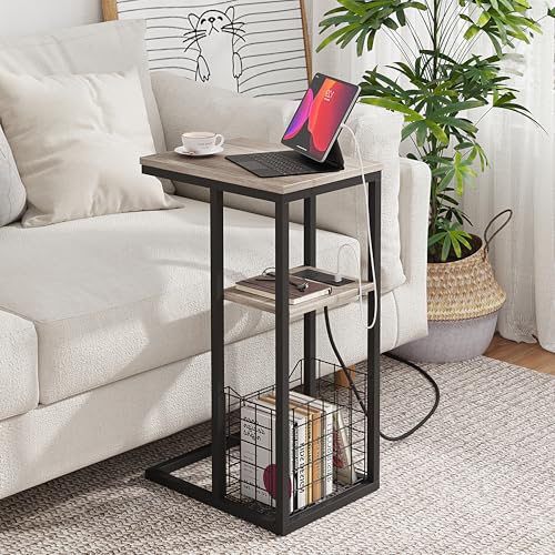Vagusicc C Shaped End Table with Charging Station, Side Table for Couch, Small Side End Table for Small Spaces, 28" High Slide Under Sofa Table for Coffee, Tv Tray Table for Living Room, Greige - color: Greige
