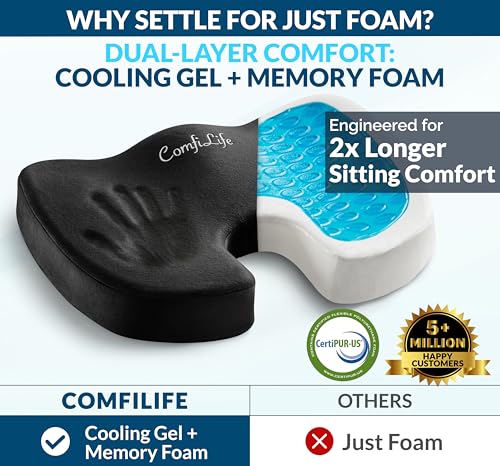 ComfiLife Premium Gel & Memory Foam Seat Cushion – Doctor Recommended Office Chair Cushion, Car Seat Cushion – Chair Cushions for Back & Sciatica Pain Relief – Seat Cushions for Office & Desk (Black) - color: Black, size: Large