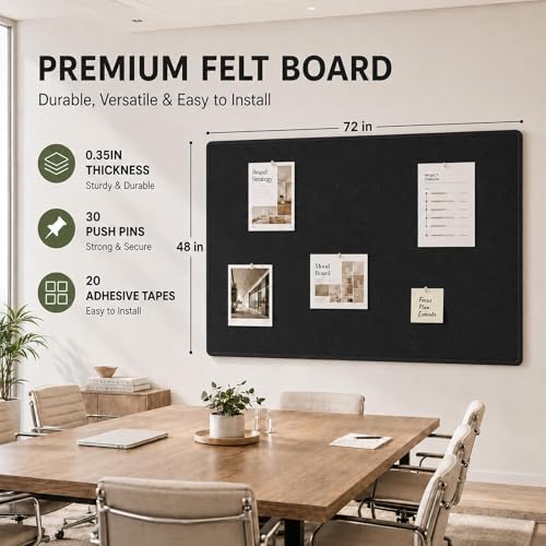 Black Large Felt Bulletin Board for Wall 72 x 48 Inch Frameless | Foldable Soft Cork Board Alternative for Office, Home Planning, Notes, Photos & Wall Decor - color: Black, size: 72" x 48"