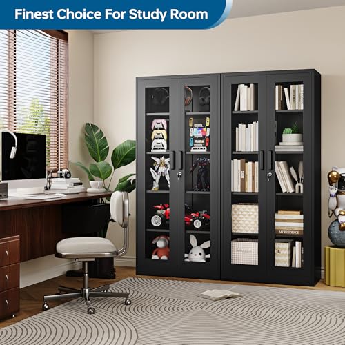 PEUKC Display Cabinet with Glass Doors, 71 Inches Metal Display Case with 4 Adjustable Shelves, Curio Storage Cabinet with Lock for Home, Office, Book, Pantry, Assemble Required (Black) - color: Black, size: 71 Inches - 2 Doors