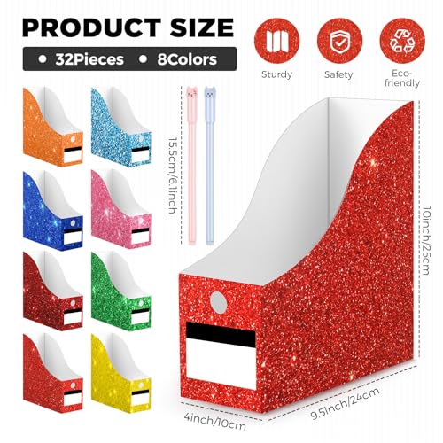 Jutom 32 Pcs Magazine File Holder Set Including Colored Foldable Desk File Holder Organizer White Label Stickers Cat Pen Cardboard Magazine Storage Box for Document School Office (Solid,Glitter) - style: Glitter
