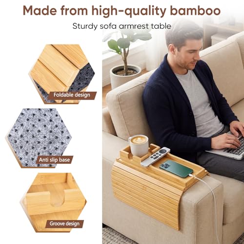Bamboo Couch Arm Tray Table with Built-in Cup Holder, Foldable Anti-Slip Sofa Armrest Table for Drinks, Phone & Remote, Fits 4.7–16.9 in Armrests, Holds Cups up to 3.5 in Diameter (Bamboo) - color: Primary Colors