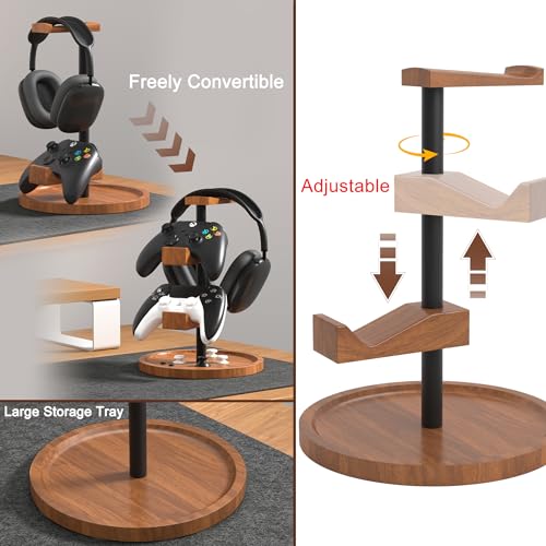 Headset Stand with Gaming Controller Holder,Dual Controller Organizer Rack, Solid Wood Headphone Stand with Storage Base, Gaming Equipment Accessories for Desk