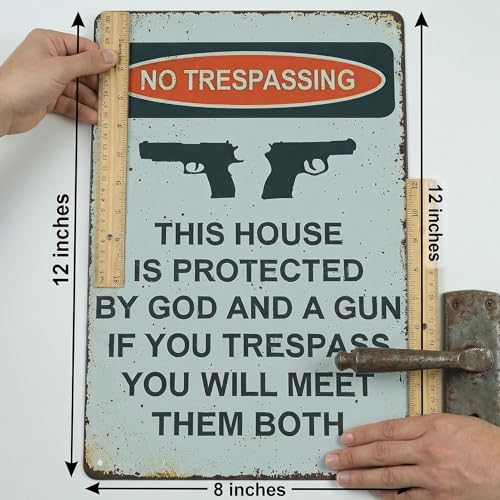 12x8 Vintage No Trespassing Gun Sign Home Man Cave Garage Indoor Outdoor | aluminum panel,easy mount,weather resistant,gun fan accents,retro gun mementos,secure yard decor - color: Brown-C01, size: 12" x 8"