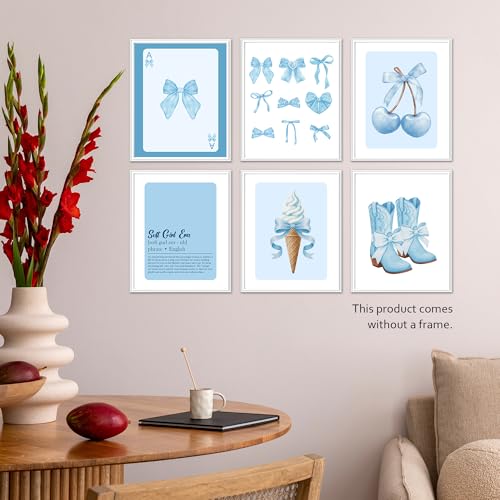 Isfvqyub Preppy Blue And White Cherry Wall Art, Aesthetic Cowgirl Boot Poster For Cowgirl Cowboy, Trendy Coquette Bow Ice Cream Wall Decor For Bedroom Dorm College Apartment, Set Of 6 -A08 - size: Blue And White Cherry