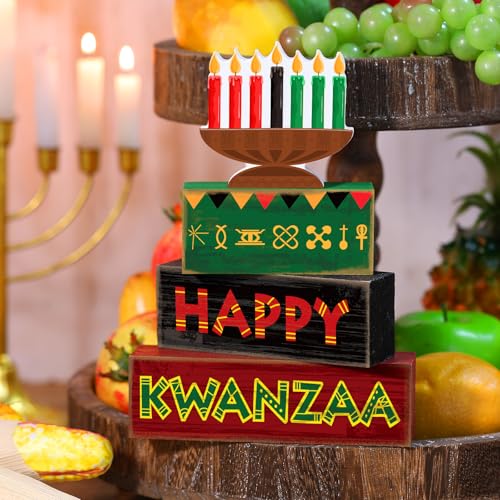 Yuntau 4 Pcs Happy Kwanzaa Table Decorations Kwanzaa Tiered Tray Decor Rustic African Candlestick Wood Block Tabletop Sign Gift Centerpiece Farmhouse Table Decor for Home Office Party Supplies - style: Candlestick