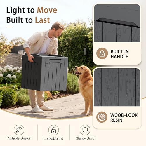 JUMMICO 31 Gallon Resin Deck Box Waterproof Indoor Outdoor Storage Boxes for Patio Furniture Cushions and Garden Tools (Gray) - color: Gray, size: 31 gallon