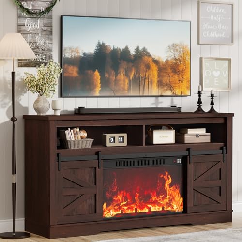JUMMICO Fireplace TV Stand for 65+ Inch TV with 26'' Fireplace Entertainment Center with Storage Cabinet and Adjustable Shelves, Media Console with Sliding Barn Door for Living Room (Brown) - color: Brown, size: 58 Inch Fireplace TV Stand