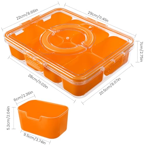 Dingerjar Divided Serving Tray with Lid and Handle - Snackle Box Charcuterie Container for Portable Snack Platters Organizer for Candy, Fruits, Nuts, Snacks - Perfect for Party, Entertaining, Orange - color: Orange