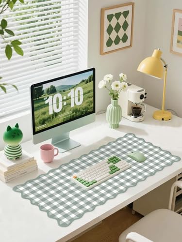Scalloped Sage Green Checkered Desk Mat Cute Pastel Large Gaming Mouse Pad Gingham Kawaii Cottagecore Vintage Girly Keyboard Computer Mat Aesthetic Desk Pad Accessories Office Decor for Women - color: A1-sage Gray