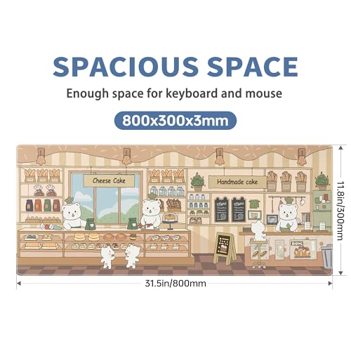 Cute Mouse Pad Large Desk Mat Extended Keyboard Pad Funny XL Mousepad with Non-Slip Base and Stitched Edge Kawaii Bear Mouse Mat Desk Pad 31.5 x 11.8 in Mouse Pads for Desk Decor Home Office Gaming - color: Dessert Shop Bear