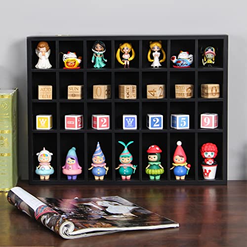 Black Shot Glass Display Case 18" x13" Solid Wood Wall Mounted Collection Cabinet 28 Slots Small Curio Cabinet Rack (No Door) - color: Black
