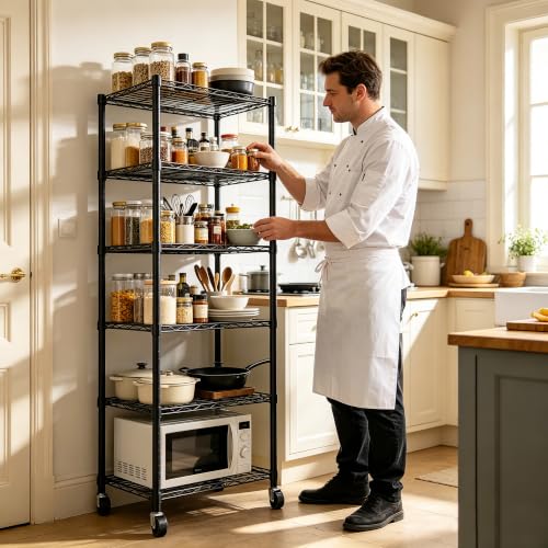 REGILLER 6 Wire Shelving Steel Storage Rack Adjustable Unit Shelves for Laundry Bathroom Kitchen Pantry Closet(Black,11.7" D x 16.8" W x 63" H,With Wheels) - color: Black, size: With Wheels 6tier 11.7"D x 16.8"W x 63"H