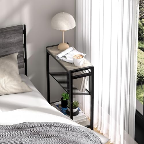 Small Side Table for Small Space, 3-Tier Narrow End Table with Magazine Holder, Slim Nightstand, Skinny Snack Couch Table in Living Room, Bedroom, Study, Kitchen and Balcony (Greige) - color: Greige