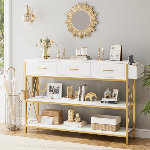 HITHOS 47.2" Console Table with 3 Drawers, Narrow Long Entryway Table with 3-Tier Storage Shelves, Industrial Sofa Foyer Table for Living Room, Hallway, Entry Way, Foyer, Kitchen, White/Gold - size: 47.2"