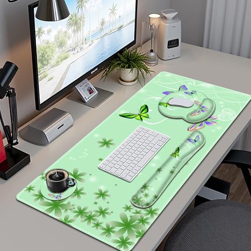 Mint Green Butterflies Florals Mouse Pad, XXL Large Desk Mat Extended Reading Desk pad, 4PCS Non-Slip Rubber Base Computer Big Mousepads for Work, Game, Office, Home Decor Cute Girls Woemn Gifts - color: Mint Green Butterflies