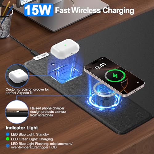 Magnetic Wireless Charging Mouse Pad, 27.5"x11.8" Gaming Desk Mat for Keyboard/Laptop, Non-Slip Base & 20W PD Adapter, Waterproof Smooth Desk Writing Pad for Gamer, Office & Home, Black - color: Black-27.5"x11.8"(with Wall Charger)