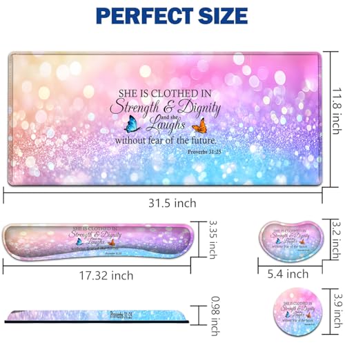 Large Mouse Pad + Keyboard Wrist Rest Set, Extended Gaming Mousepad (31.5X11.8 inch), Ergonomics Memory Foam Mouse Wrist Rest Support, Colorful Glitter Bokeh Proverbs 31:25 Pattern XXL Desk Pad - color: Yu-Mouse Pad-3-B46