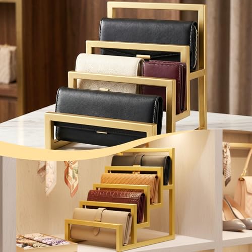 2 Pack Purse Organizer for Closet Display, 3 Layer and 4 Layer Gold Wallet Display Riser Stand Clutch Purse Organizer Metal Wallet Rack for Handbag Home Retail Boutique Store Supplies