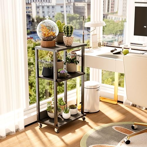 YMYNY Mobile Printer Stand, 3-Tier Printer Cart with Adjustable Storage Shelf and 6 S-Hooks, Tall Printer Table for Home Office, for Computer Tower Stand, Shredder, CPU Stand, Black, UHPT002B - color: Black-3 Tiers