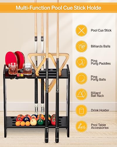 EXTCCT Pool Cue Stick Holder - Floor Stand Billiards Rack Oak Solid Wooden Holds 9 Cues and Pool Table Accessories Organizer - color: Cup Slots - Black
