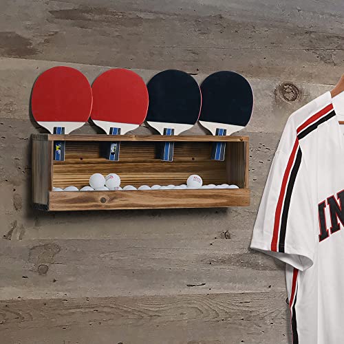 Ping Pong Paddle Storage Rack - Table Tennis Racket Display Wall Mounted Holder for 4 Paddles and Balls in Bar, Game Room, Office Break Room, Garage, Bedroom, Home - Rustic Burnt