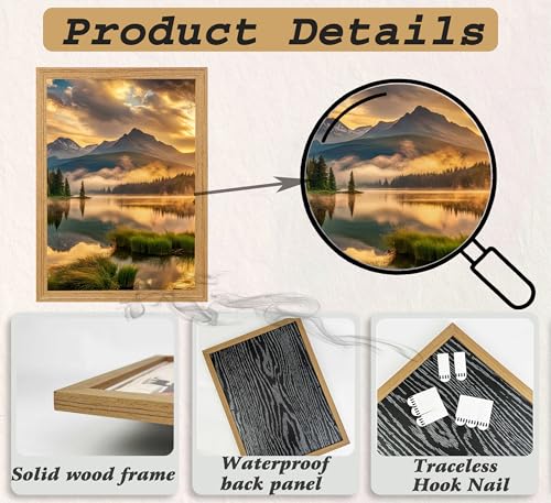 3Pcs Framed Mountain Lake Landscape Canvas Wall Art,Nature Forest Sunset Poster, Rustic Wall Decor for Living Room Bedroom Office - color: Golden yellow, size: 24"L x 16"W