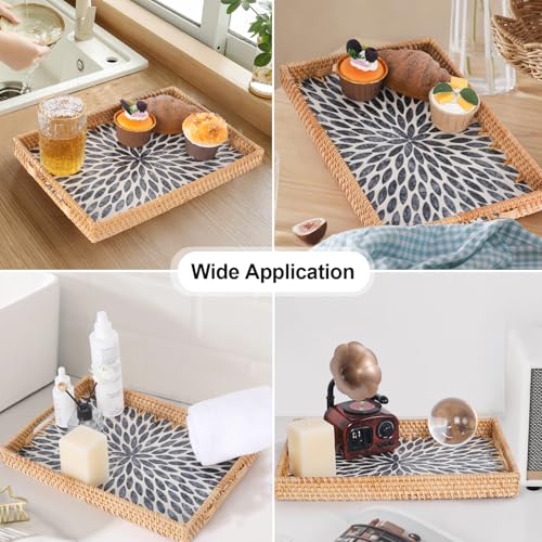 Rectangle Rattan Tray with Mother of Pearl Inlay, Rattan Serving Tray with Handle for Coffee, Bread, Fruits, Snacks, Decorative Wicker Tray for Table Decor (Rectangle Black Leaf, 13"×9") - color: Black Leaf