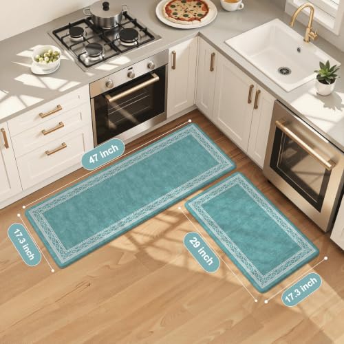 KIMODE Anti Fatigue Kitchen Mats 17"x47"+17"x29", Farmhouse Memory Foam Kitchen Floor Mats Non Slip, Turquoise Kitchen Mats for Floor, Waterproof Standing Mats for Laundry Office Sink Desk - color: Turquoise/White, size: 17.3" x 47"+17.3" x 29"--0.47 inch