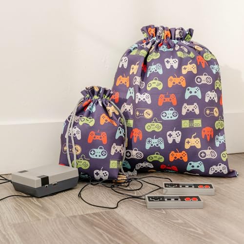 Gather & Knot Drawstring Gift Bags | 20" Large 12" Small | Premium Canvas | Reusable Fabric Wrap for Boys Birthdays, Baby Shower | Gamer - color: Gamer