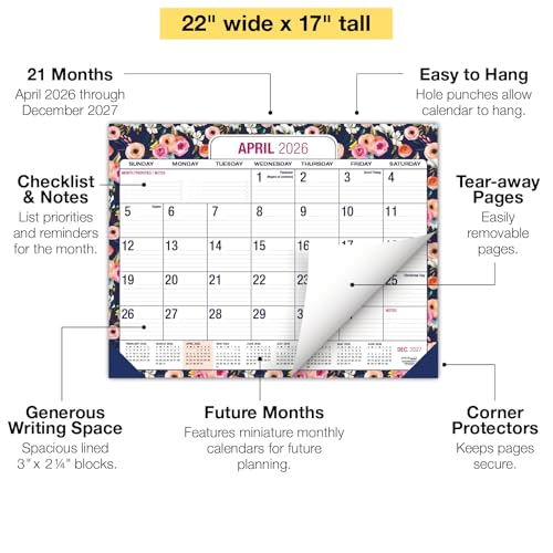 Desk PAD: 22" x 17" Large Print Desk Pad Calendar, APR 2026 - DEC 2027, 21 Months, (Small Navy Floral) - color: Small Navy Floral