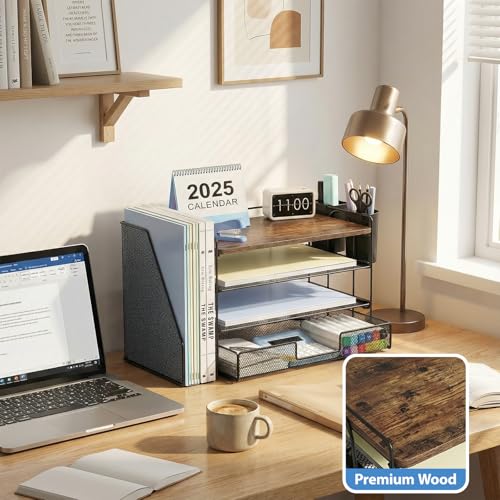 OPNICE Desk Organizer, 4-Tier Desktop File Organizer with Drawer and Pen Holders, Office Desk Accessories, File Sorters, Workspace Organizers for Office Supplies(Wood) - color: Wood, size: 4-tier