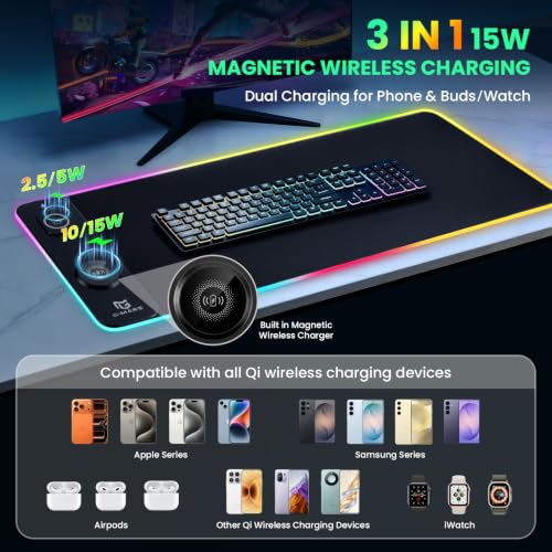 Gimars Upgrade 3 in 1 RGB Mouse Pad with 15W Magnetic Fast Wireless Charging, 31.5x11.8x0.16in Gaming Mousepad, 15 Color Modes, Waterproof Non-Slip XXL Desk Mat with Smooth Surface for Home Office PC - color: Black(3 in 1 RGB Wireles Charging)