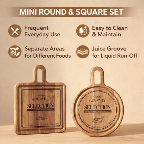 Mini Charcuterie Board Set with Handle, 2-Piece Small Acacia Wood Serving Tray & Wooden Cutting Board for Cheese, Fruit, Appetizers & Entertaining Gift - size: 10 inch