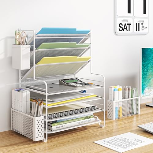 Simple Trending 7 Tier Desk File Organizer, Letter Tray Paper Organizer with Pen Holder and Metal Hanging Basket, White - color: Pen holder White