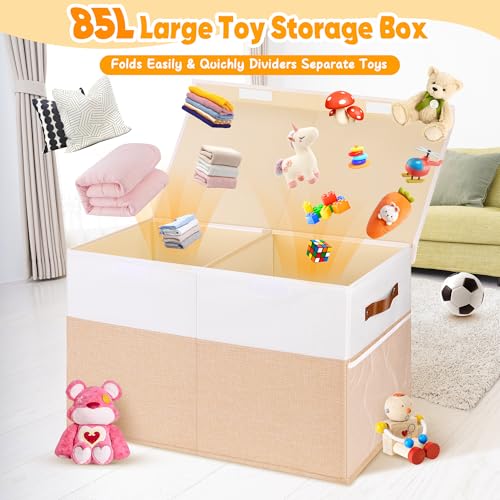 Mabahoo Large Toy Box, Collapsible Sturdy Storage Chest With Lids, Kids Toy Chest Storage Organizer Toddler Bin Boxes for Living Room, Bedroom, Nursery, 25"x13"x16", Beige & White - color: White and Beige