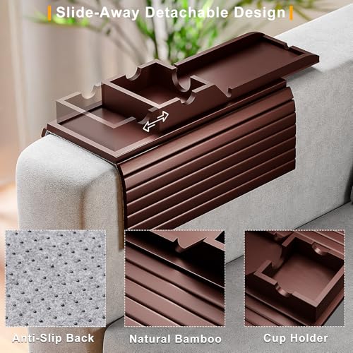 Bestjing Bamboo Couch Armrest Table, Sofa Arm Tray with Detachable Couch Cup Holder- 2 in 1 Anti-Slip Foldable Sofa Armchair Caddy Table for Drinks Cellphone TV Remote Snacks (Walnut) - color: Walnut, size: 16.3" x 13.3" x 2"