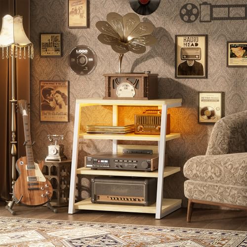 Besiost AV Media Stand with Outlets, Media Console with LED Lights, Stereo Racks and Stands with Storage Shelves, Media Audio Tower Cabinet, Natural Oak and White - color: Natural Oak and White