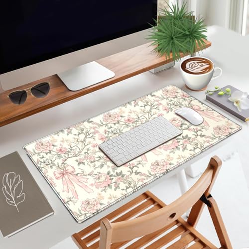 Floral Desk Mat Vintage Chinoiserie Large Mouse Pad Coquette Aesthetic Office Decor Flower Pink Bow Gaming Pad Cottagecore Desk Decor - color: A8- Pink Bow