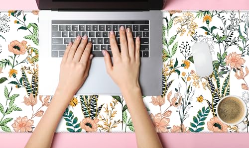 XXL Waterproof Office Desk Pad Protector 31.5x11.8 Inch - Extended Gaming Mouse Pad with Non-Slip Rubber Base, Thickened Keyboard Mat, Stitched Edges & Beautiful Floral Flowers Design - color: White