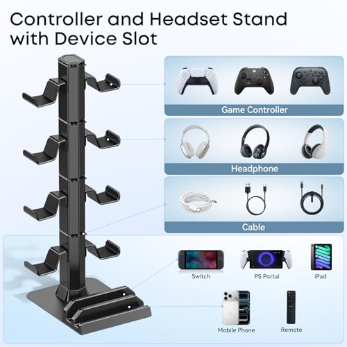 Headphone and Game Controller Desk Stand for PS5/ Xbox/ PS4 Controller, 4 Tiers Headset Hanger with Organizer for Switch 2/1/PS Portal Game Console, Multiple Controller Storage Dispay Rack- 8 Hooks