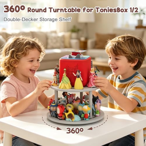 360° Rotating Storage Shelf for Toniebox1/2, 2-Tier Organizer Holder for 20~30 Tonies Figures, Wooden Magnetic Stand Display for Tonie Box Characters Tonieplay Game Controller - Gray - color: Grey, size: 2-Tier Turntable for Tonie