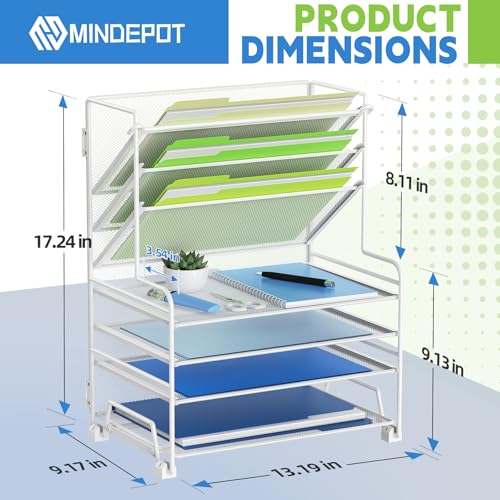 MINDEPOT 4-Tier Paper Organizer + 3-Pocket File Holder + Drawer + Pen Holders, Desktop File Organizers Paper Tray for Office Supplies School Classroom Organization (White, no Drawer & Pen Holder) - color: White, no Drawer & Pen Holder