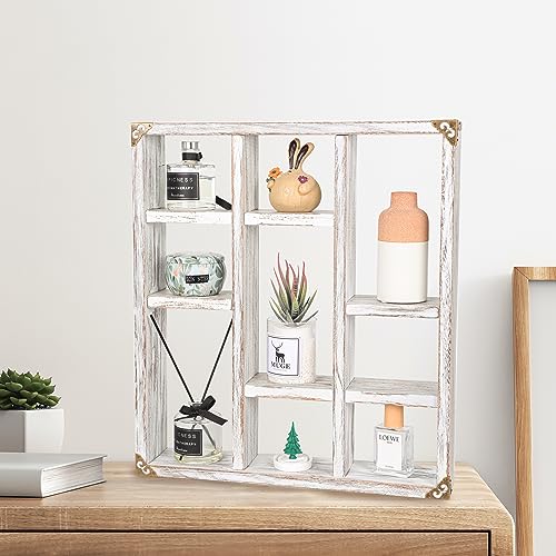 17.7x15.7-Inch Shadow Box Shelf 9-Slot Rustic Wood Floating Shelves Larger Shelf Lightweight Solid Wood Display(Set of 2,9C-Rustic White) - color: 9c-rustic White, size: 2 PCS
