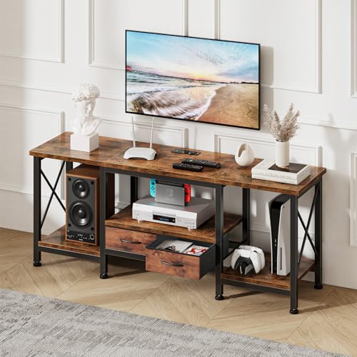 DUMOS 55" TV Stand with Power Outlets, Fabric Drawers & Open Shelves, Brown | Entertainment Center for TVs Up to 65", Media Console TV Table for Living Room & Bedroom - size: 55 Inch